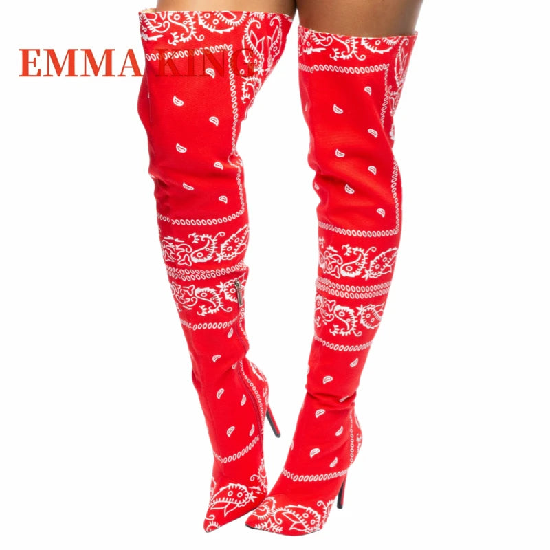 Autumn Winter Women Thigh High Boots Bandana Prints Bad Girl Heels Shoes Pointy Toe Silk Stiletto Botas Altas Mujer Size 35-44