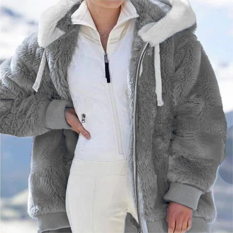 Women's Plush Hooded Drawstring Coat Autumn Winter Fashion Casual Zipper Long Sleeve Pocket Solid Color Ladies Jacket
