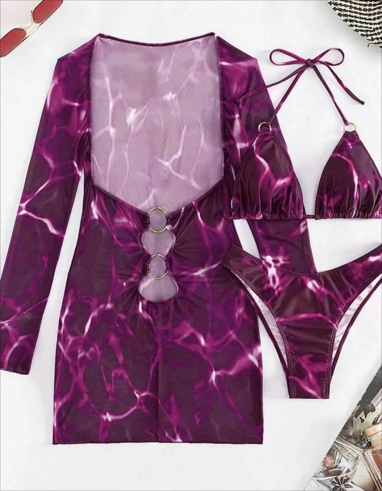 3 Piece Bikini Set Women Swimsuit Halter Cutout Metal Ring Mesh Cover Up Beach Dress Swimwear Bathing Suit