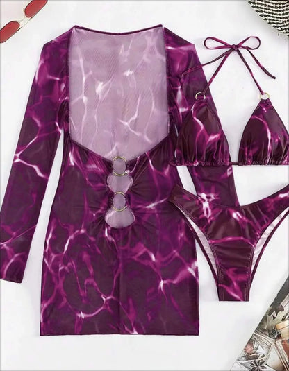 3 Piece Bikini Set Women Swimsuit Halter Cutout Metal Ring Mesh Cover Up Beach Dress Swimwear Bathing Suit