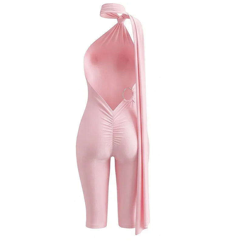 FAGADOER Sexy Halter Bandage Backless Jumpsuits Women Hip Ruched Skinny Rompers Overalls Party Slim Party Nightclub Playsuits