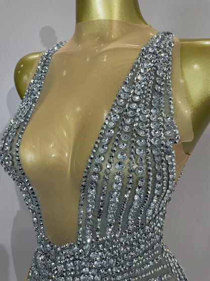 Luxury Sparkly Silver Diamonds Tassel Mesh Sheer Bodysuits Eveing Birthday Party Latin Dancer Bar Nightclub Sexy Stage Costume