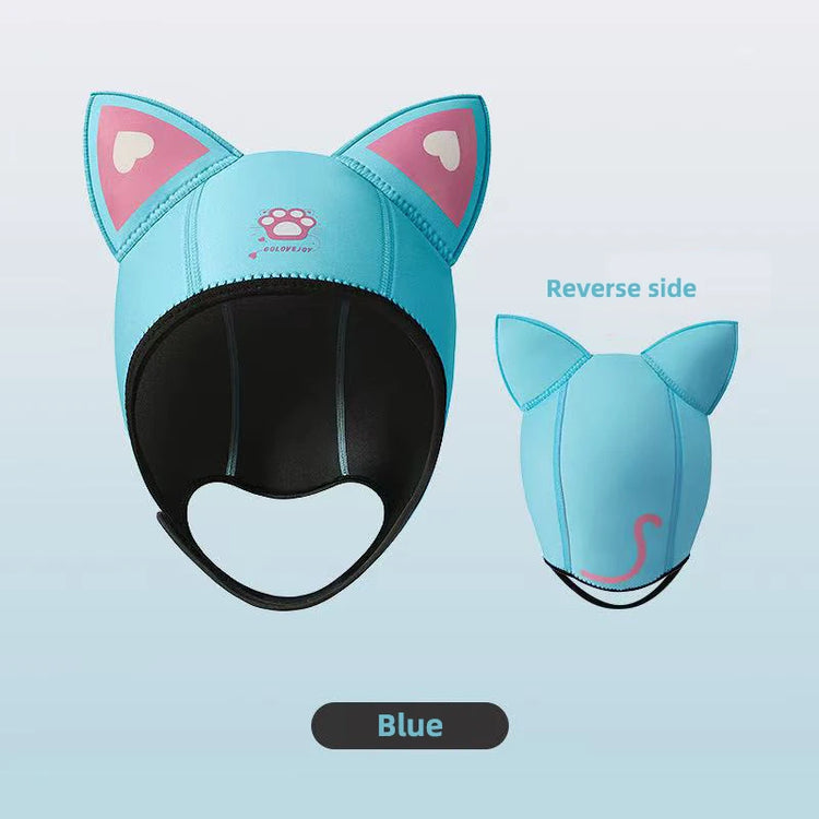 Cool Cute Cat Ears Diving Hood 3mm Neoprene Women Snorkel Scuba Cap w/ Adjustable Chin Strap,Thermal for Surfing & Water Sports