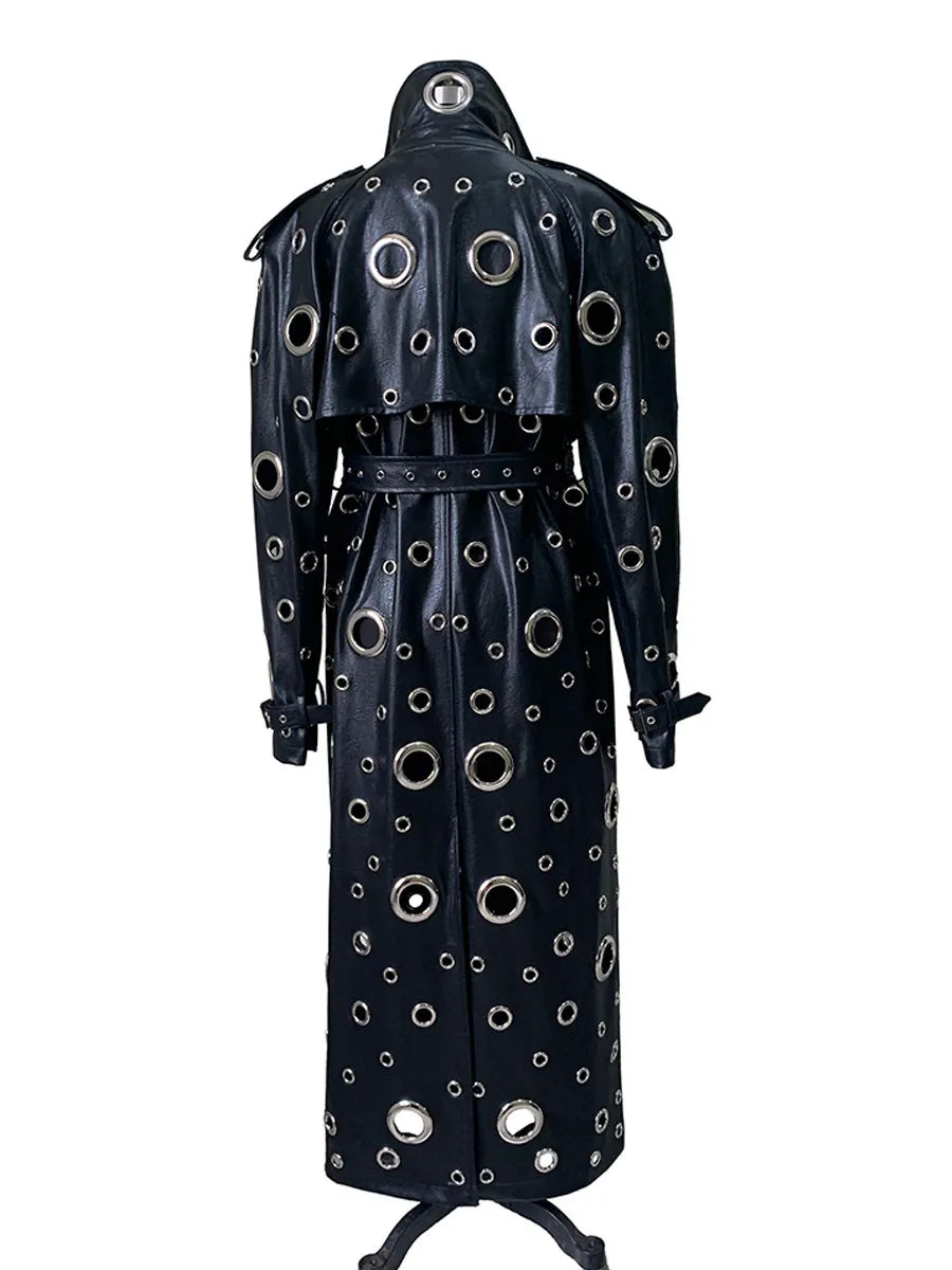 Nerazzurri Autumn Oversized Extra Long Pu Leather Trench Coat for Women Holes Hollow Out Luxury Designer Emo Streetwear Overcoat