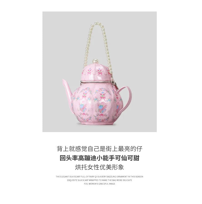 Creative Vintage Printed Teapot Design Women Handbags Pearls Chains Shoulder Bag Designer Luxury Crossbody Bag Small Buckets Bag
