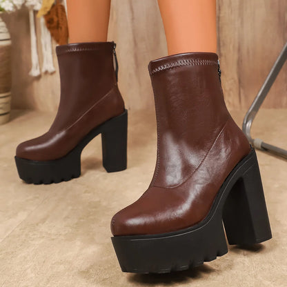 Women High Thick Sole Wide Heel Boots Designer Fashion Platform Boots Ladies High Quality Luxury Women Leather Boots Shoes