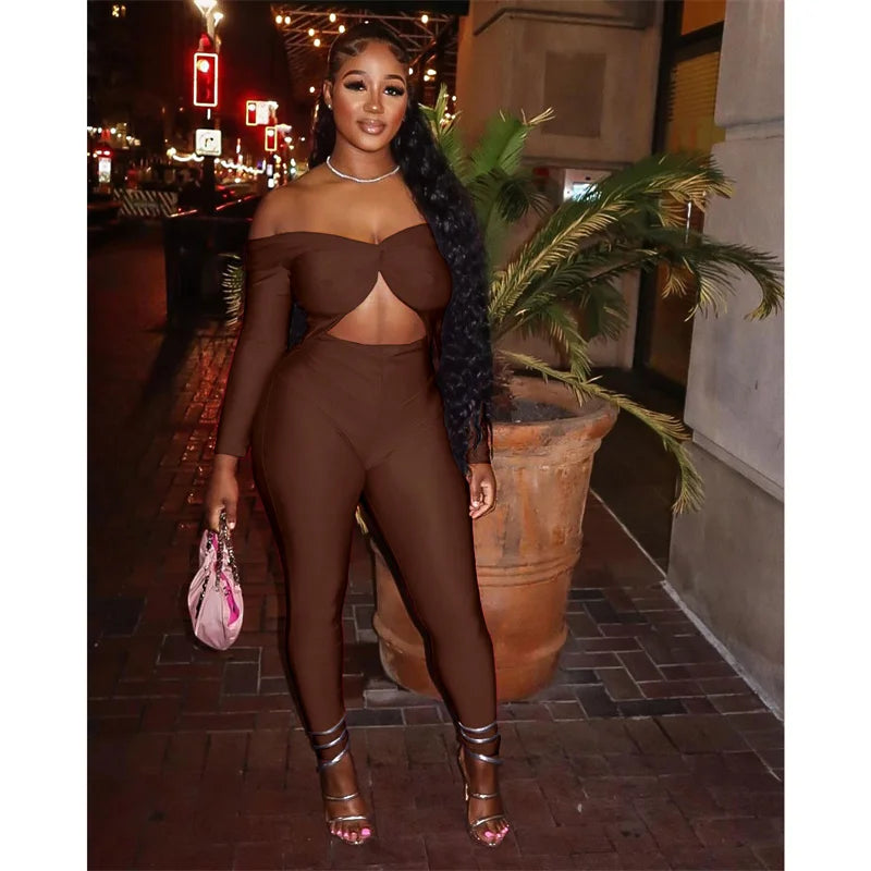 Sexy Off the Shoulder Birthday Jumpsuit for Women Night Club Outfit Party Hollow Out Ruched Skinny Long Sleeve Rompers Full Body