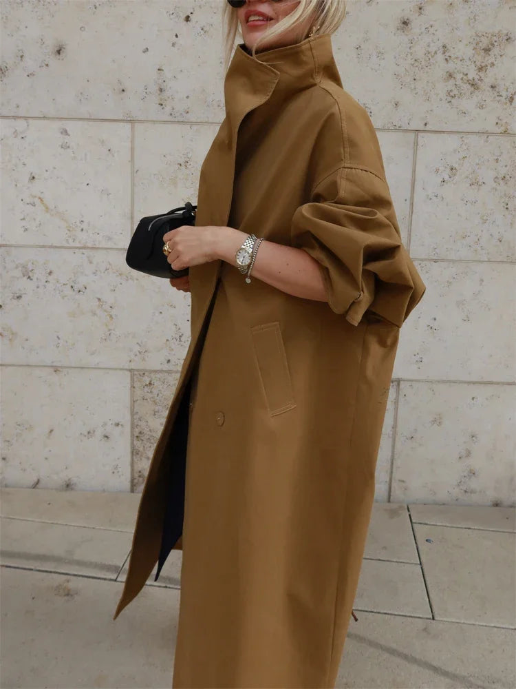 Black Stand Collar Trench Coat Women Casual Long Sleeve Single-breasted Loose Windbreaker 2026 Lady Autumn High Street Outwear