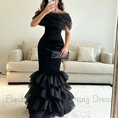 Flechazo Tulle Off the Shoulder Evening Dress with Pleat and Tiered Mermaid Floor Length Short Sleeve Party Customized Gown
