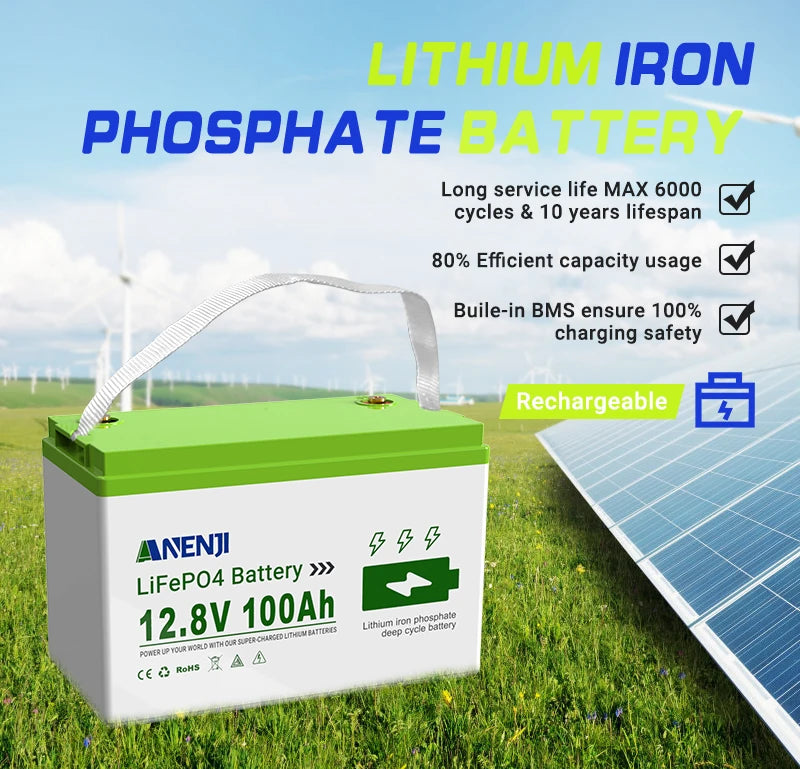 ANENJI 12V 100Ah Li Rechargeable Battery Pack LiFePO4 Built-in BMS 6000 Cycles For Solar Inverter Outdoor RV Camp Power Station