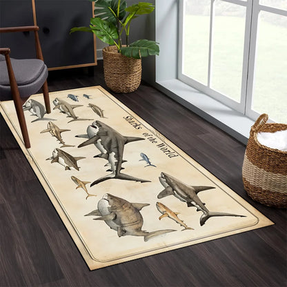 Retro Vintage Various Shark Species Print Long Runner Rug, Non-Slip Washable Rug for Kitchen, Entryway, Bathroom & Living Room