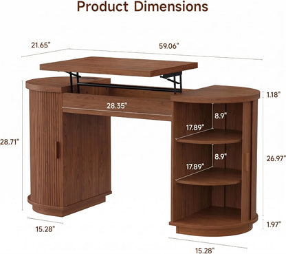 59 Inch Lift Top Office Desk with USB Charging Ports & Storage, Mid-Century Modern Fluted Curved Computer Study Desk with Adjustable Height for Home Office