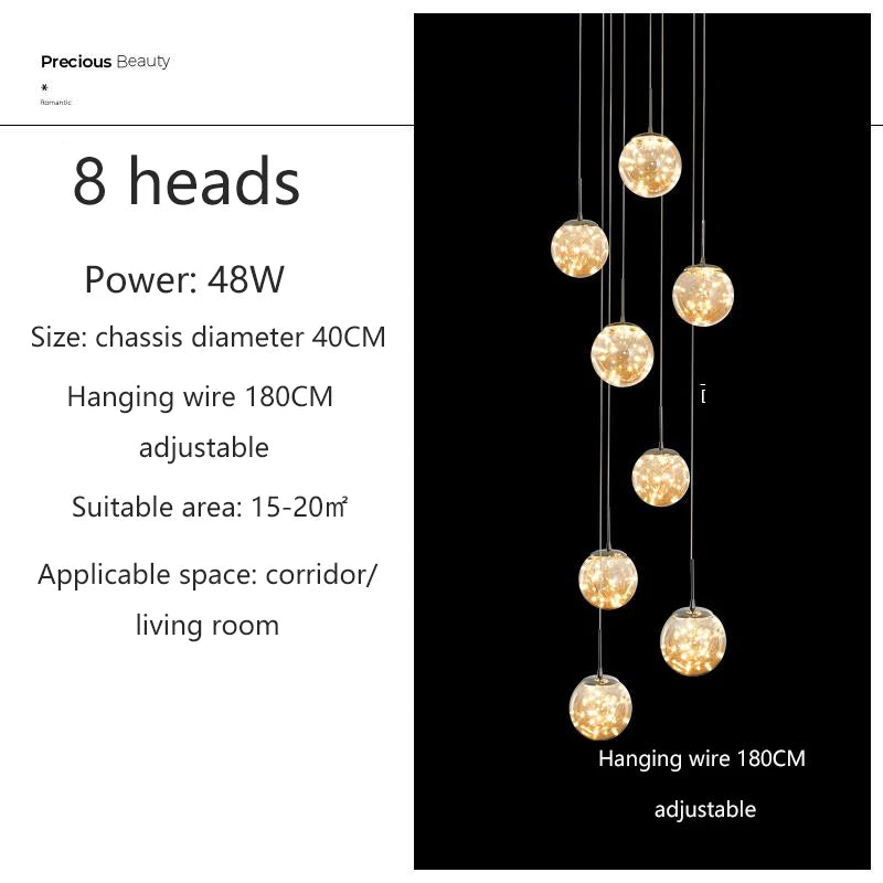 Modern LED Chandelier Glass Ball Dimmable Pendant Lamp for Staircase Living Room Home Decor Suspension Lighting Design Lusters