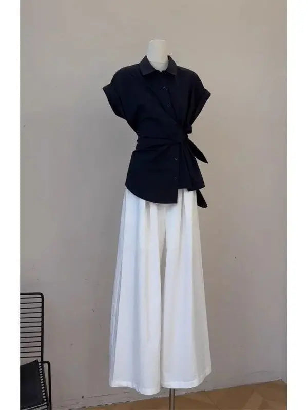 2026 New Women's Fashion Shirt And Pants Set Belted Loose Wide Leg Pants Thin Material Spring Autumn Wear High Waist Polyester