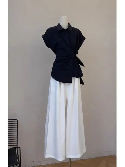 2026 New Women's Fashion Shirt And Pants Set Belted Loose Wide Leg Pants Thin Material Spring Autumn Wear High Waist Polyester