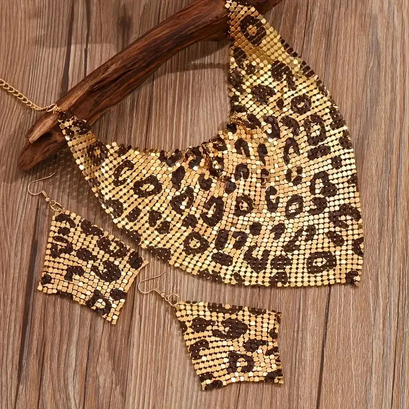 3PCS Women Leopard Necklace + Earring Set Fashion Sexy Bright Beads Triangle Scarf Collarbone Chain Earrings Jewelry Set