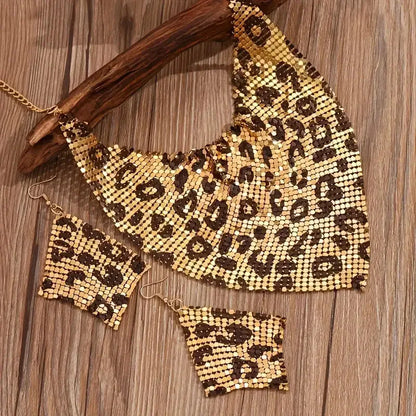 3PCS Women Leopard Necklace + Earring Set Fashion Sexy Bright Beads Triangle Scarf Collarbone Chain Earrings Jewelry Set