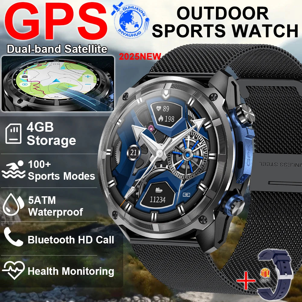2025 New Tactical Smartwatch Built-in GPS Offline Map 4GB Memory 5ATM IP69K Swimming Waterproof Men Militray Smart Bracele