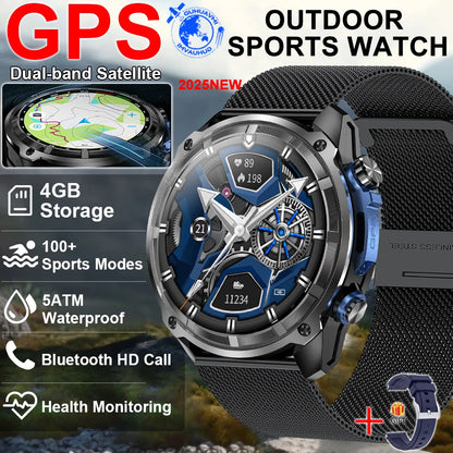 2025 New Tactical Smartwatch Built-in GPS Offline Map 4GB Memory 5ATM IP69K Swimming Waterproof Men Militray Smart Bracele