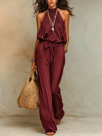 Women Halter Neck Sleeveless Jumpsuit Elastic Waist Belted Wide Leg Pants Summer Casual Loose Solid Color Romper