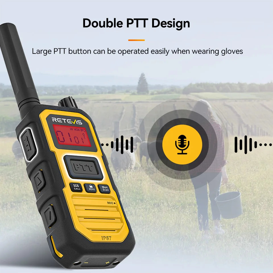 Retevis RB648Plus IP67 Waterproof Walkie Talkie LCD Display Walkie-talkie Long Range Dual PTT Heavy Duty 2 Way Radio for Factory