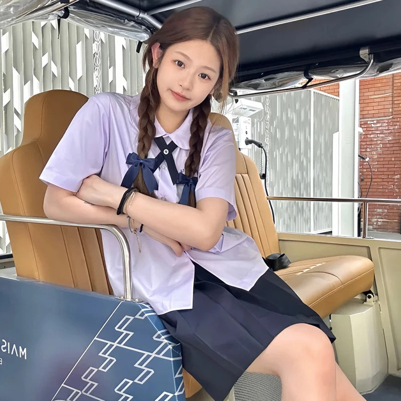 Men/Women JK Uniform Thai Style School Uniforms Short Sleeve White Shirt/Light Purple Shirt Preppy Style Pleated Skirt w/bow Tie