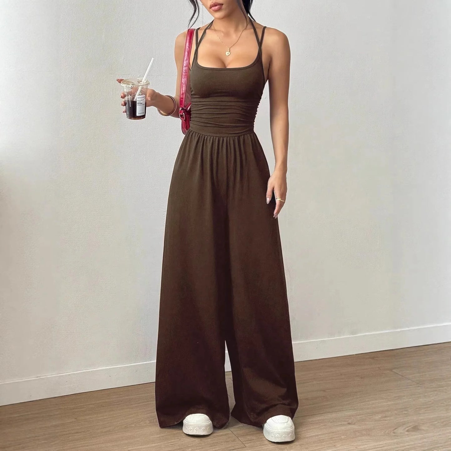 Women's Casual Summer Wide Leg Jumpsuit Strap Wrap Chest Waist Cinched One-Piece Suit Comfortable Loose Fit Overall Dress