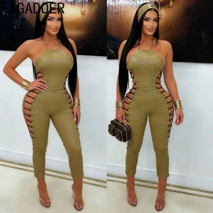 FAGADOER Sexy Hollow-out Patchwork Bodycon Jumpsuit Women Halter Sleeveless Backless Rompers Female Party Clubwear Overalls New