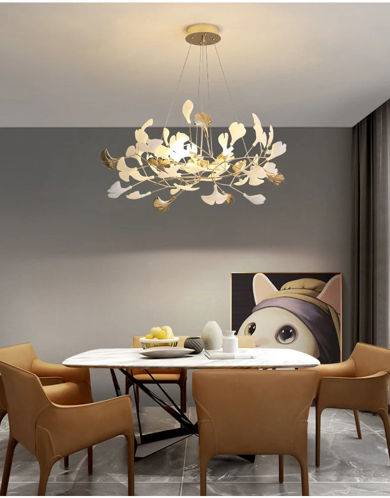 Modern Ceramics Chandeliers Home Ginkgo Biloba Decoration Villa Living Room Lighting Pendant Lamps Indoor Hanging Lights Fixture