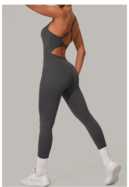 New Nylon Pad V-Neck Wrap Yoga Bodysuit - Adjustable Hook Tummy Control Butt Lift Workout Jumpsuit