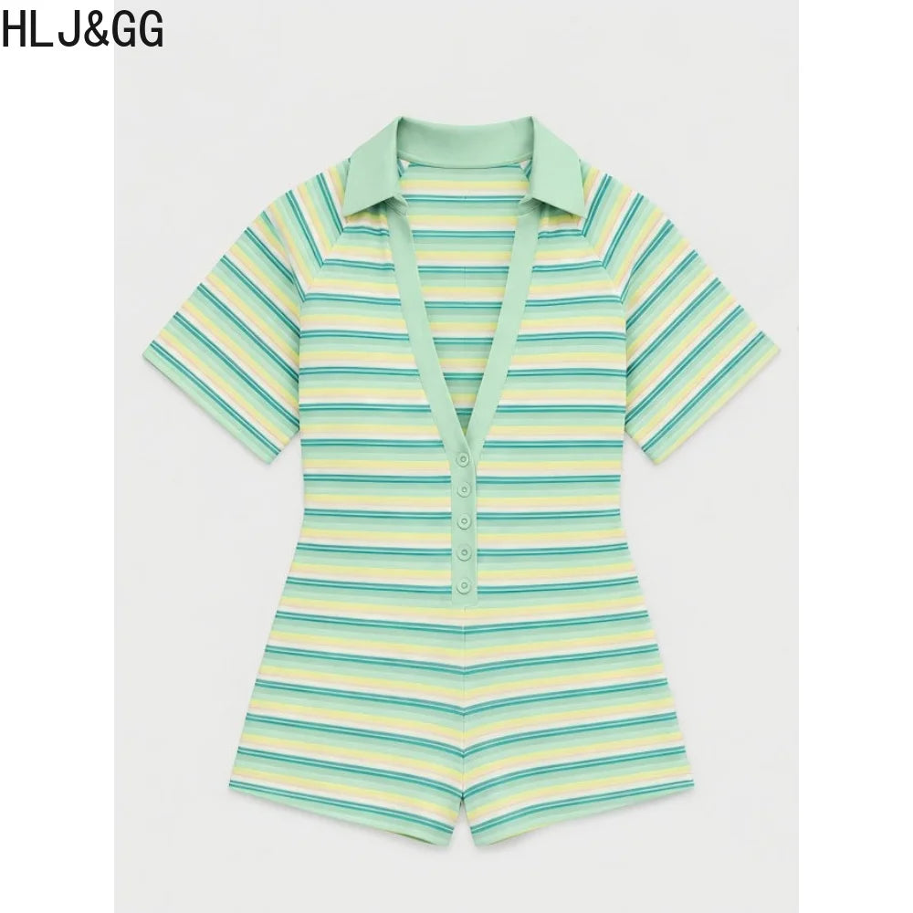 HLJ&GG Green Sexy Deep V Stripe Ribber Bodycon One Piece Rompers Women Short Sleeve Slim Jumpsuits Fashion Party Club Overalls