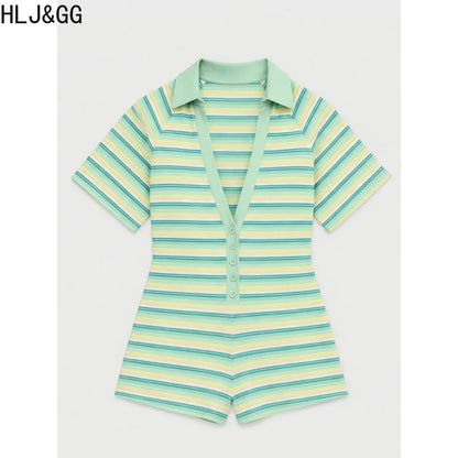 HLJ&GG Green Sexy Deep V Stripe Ribber Bodycon One Piece Rompers Women Short Sleeve Slim Jumpsuits Fashion Party Club Overalls