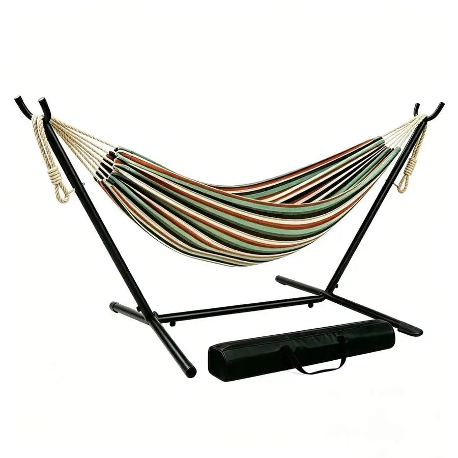 Camping 2-Person Hammock 600LBS, Portable Steel Stand Set For Outdoor Lawn Terrace, Blue & Black Stripe