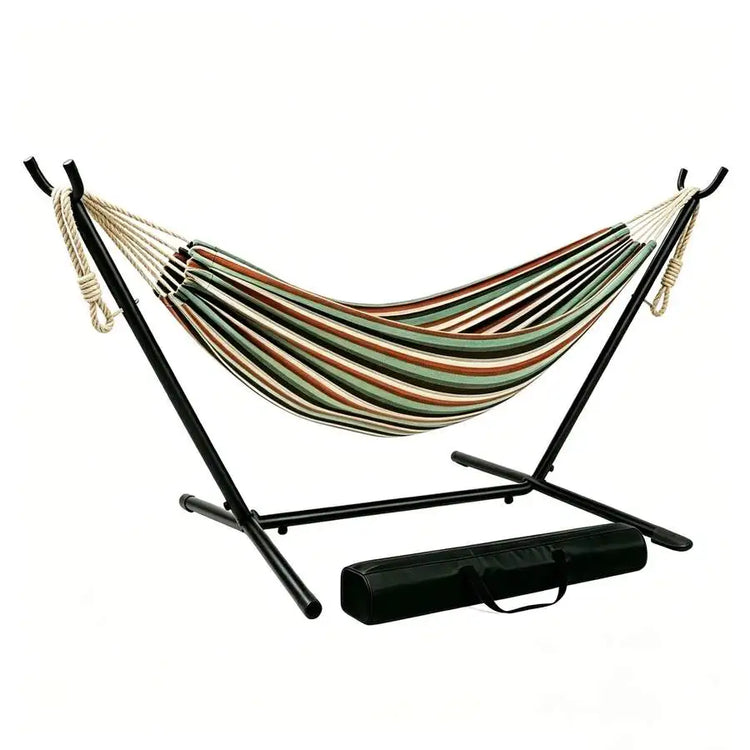 Camping 2-Person Hammock 600LBS, Portable Steel Stand Set For Outdoor Lawn Terrace, Blue & Black Stripe