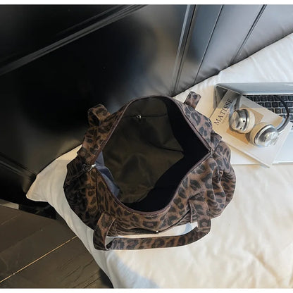 Trendy Leopard Print Canvas Shoulder Bag Large Capacity Fashion Tote Handle Bag for Daily Commute Versatile Texture Storage Bags