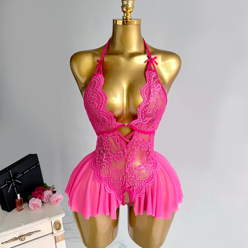 Sexy Crotchless Lingerie Women Lace Hollow Bodysuit Pajamas Teddy Babydolls Deep V Underwear