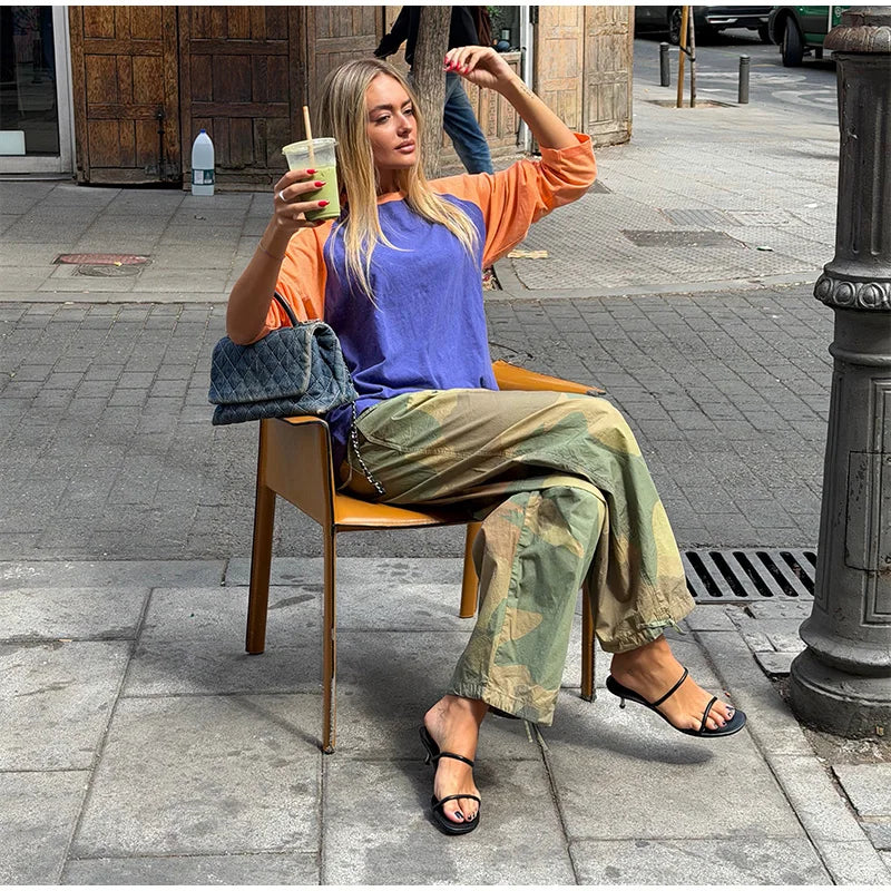 Women Camouflage Cargo Long Pants High Waist Wide Leg Drawstring Hem Baggy Trousers 2026 Autumn Casual Chic Vintage Streetwear