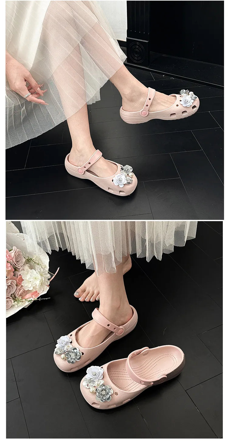 Clogs Summer Slippers Women Luxury Pearl Metal Flower Mary Janes Designer Ballet Shoes Girls Corc Charms Sandals Indoor Outdoor
