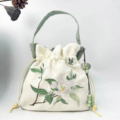 Chinese Style Retro Flower Embroidery Crossbody Top-handle Bags Women Shoulder Lace Drawstring Bucket Bag Coin Purses Handbags