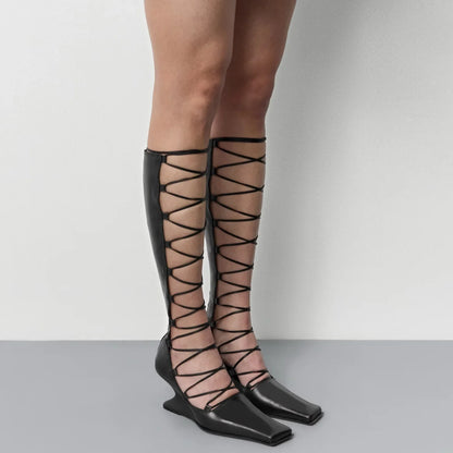 2026 Summer Hollow Out Strap Square Shaped Thick High Heels Summer Cool Boots Fashionable and Sexy Women's Sandals