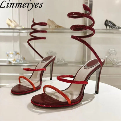 Summer Crystal Gladiator Sandals Women Rhinestone Twine Around Ankle Snake Wedding Shoes High Heels Sandals Woman