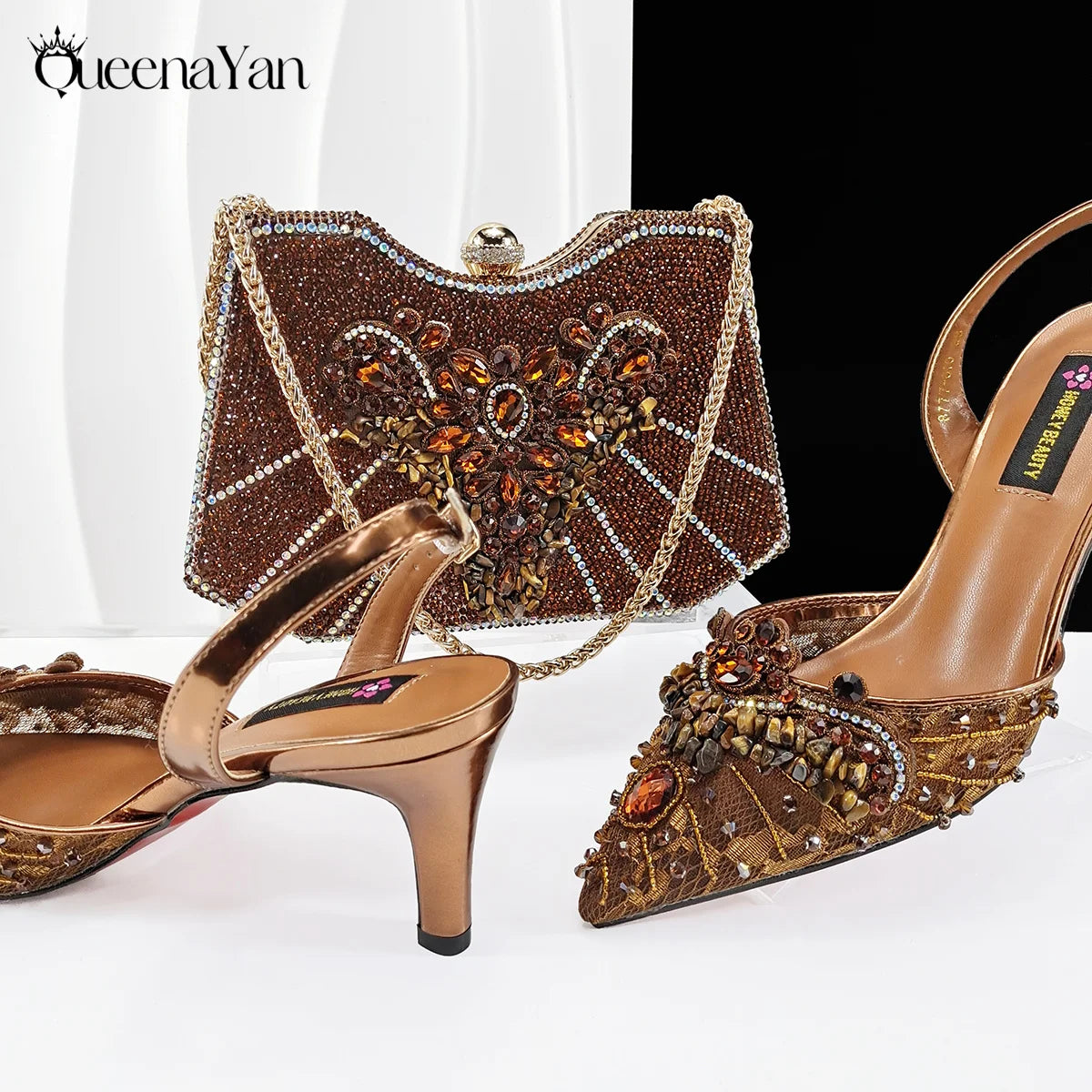 Queena Yan New Arrival Purple Color Rhinestone Decoration Design Party Wedding Lady Pointed Toe High Heels and Bag Set