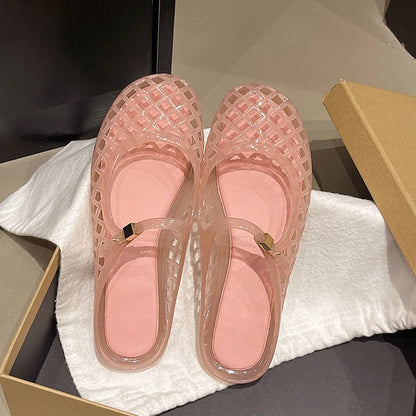 Women's Light Luxury Crystal Jelly Mary Jane Flat Sandals Hollow-out Breathable Closed Toe Summer Casual Non-slip Slip-on Shoes