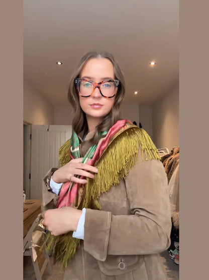 Tassel Floral Women ’s Scarf Large Square Silky Satin Scarf With Olive Fringe Trim Scarf Female 2026 Spring Woman Accessory