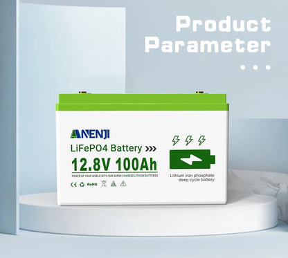 ANENJI 12V 100Ah Li Rechargeable Battery Pack LiFePO4 Built-in BMS 6000 Cycles For Solar Inverter Outdoor RV Camp Power Station