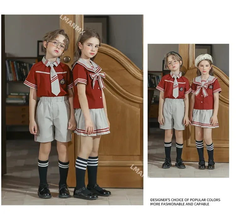 Kid Korean Japanese Striped School Uniform for Girls Boys Sailor Collar T Shirt Pleated Skirt Shorts Bow Clothes Student Outfit