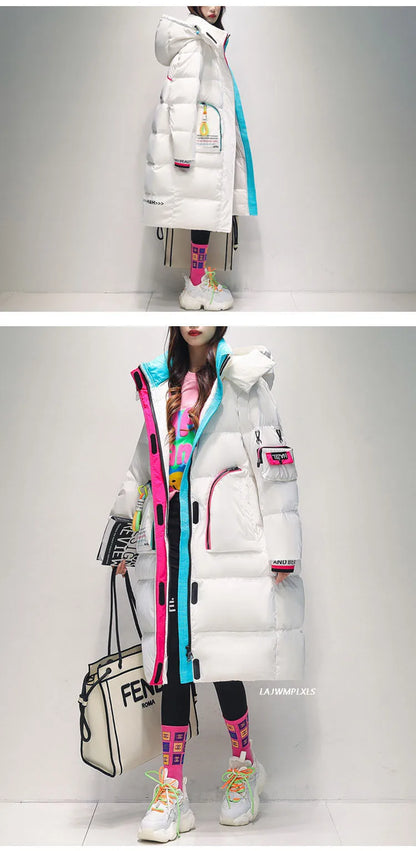 2025 Winter Glossy Waterproof X-long 90% White Duck Down Coat Women Thick Loose Outerwear Warm Down Jacket Hooded Parkas Coats