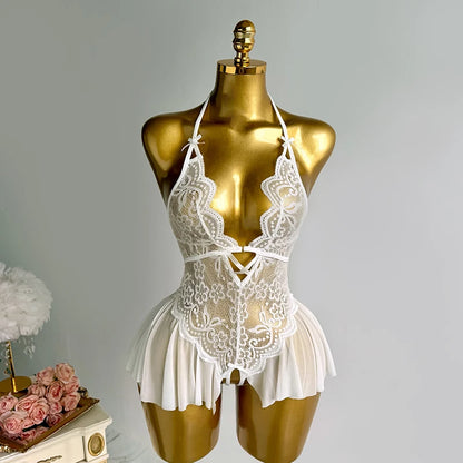 Sexy Crotchless Lingerie Women Lace Hollow Bodysuit Pajamas Teddy Babydolls Deep V Underwear