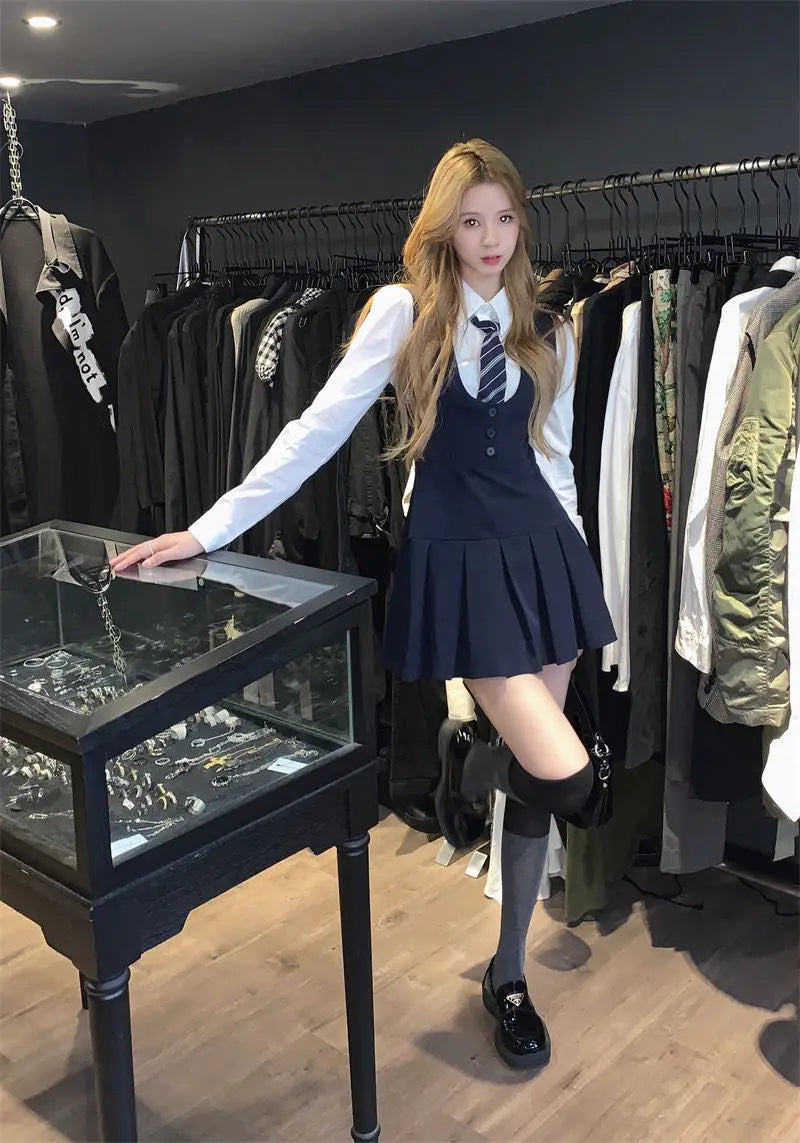 Japan And Korea College Style Jk Set Women's Long Sleeve Shirt Pleated Skirt Strap Dress Set Two Piece Set School Jk Uniform