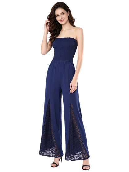 Women Strapless Jumpsuit Bandeau Elastic Bodice Sheer Floral Lace Patchwork Wide Leg Romper for Beach Vacation Party
